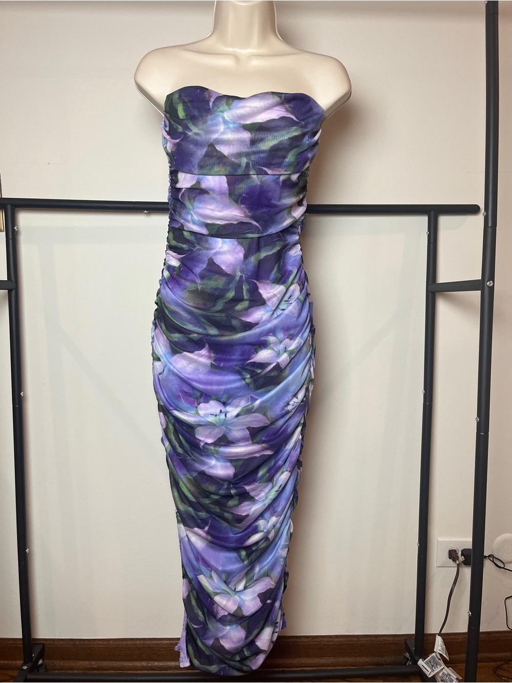 AKIRA Floral Strapless Ruched Maxi Dress Wedding Party Event Summer
